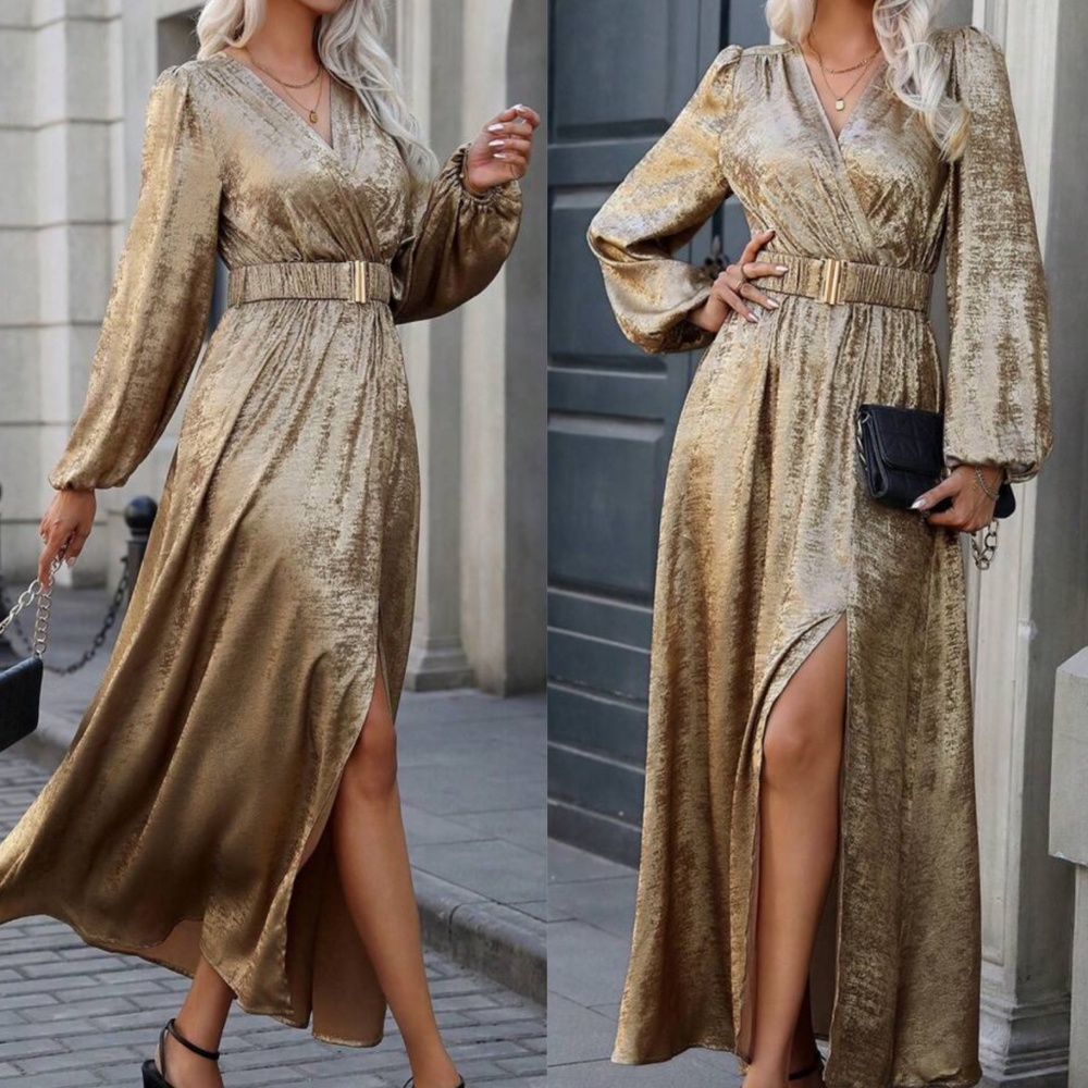 Luxe Gold Metallic Surplice Belted party Holiday Evening Dress - Picture 3 of 4